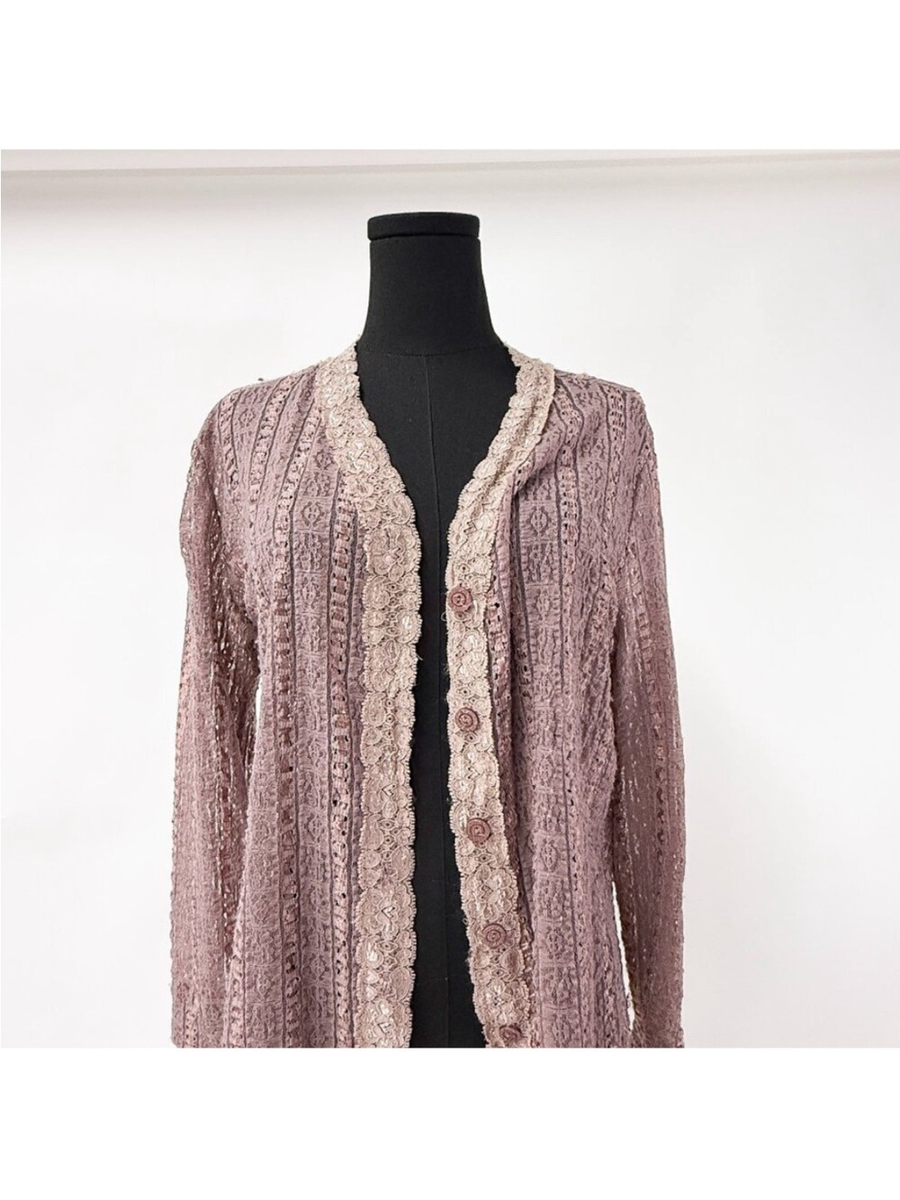 Vintage-Inspired Mauve Lace-Trim Knit Cardigan Sweater